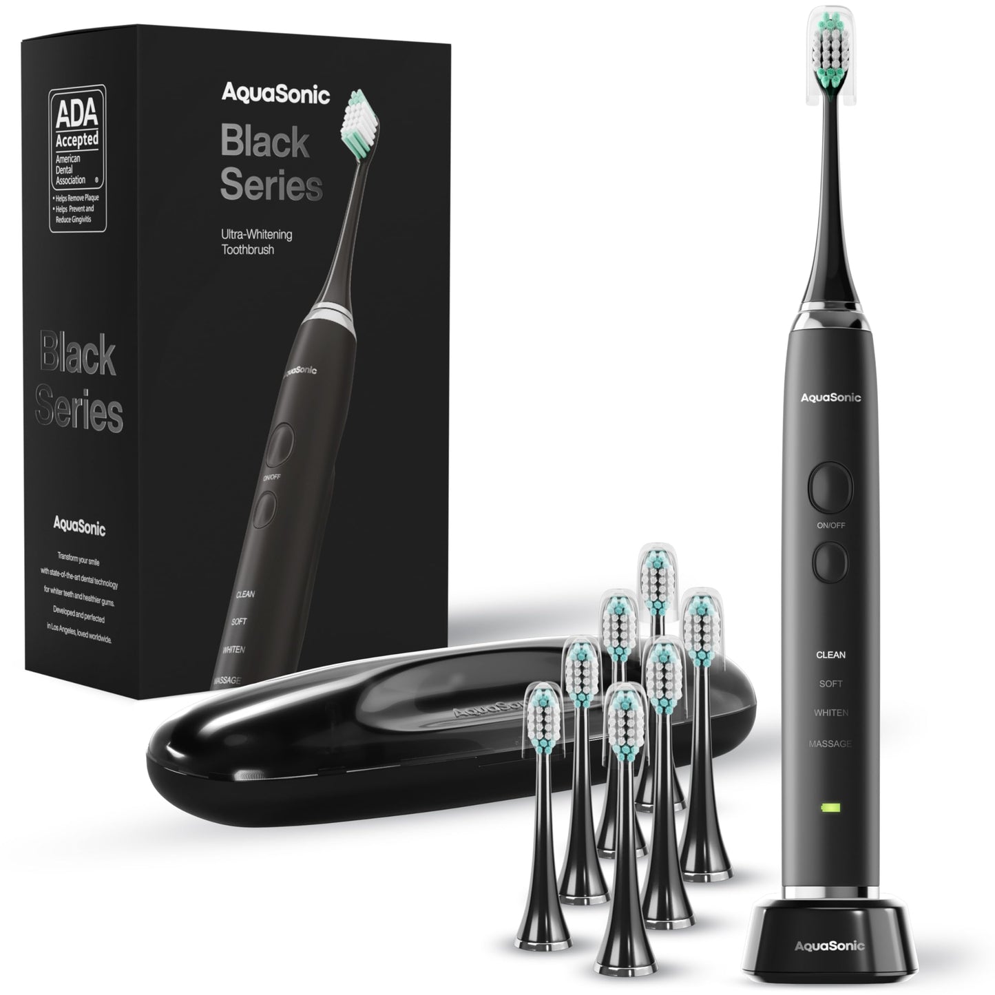 Aquasonic Black Series Electric Toothbrush – ADA Accepted, 40,000 VPM, 8 Brush Heads, Travel Case, 4 Modes, Smart Timer