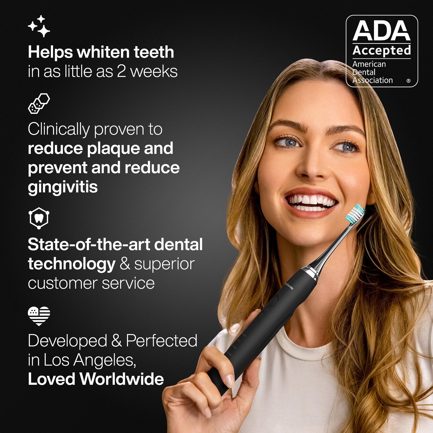 Aquasonic Black Series Electric Toothbrush – ADA Accepted, 40,000 VPM, 8 Brush Heads, Travel Case, 4 Modes, Smart Timer