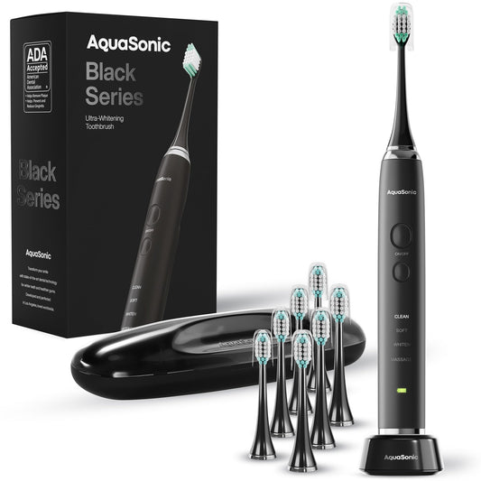 Aquasonic Black Series Electric Toothbrush – ADA Accepted, 40,000 VPM, 8 Brush Heads, Travel Case, 4 Modes, Smart Timer