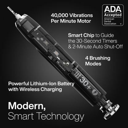 Aquasonic Black Series Electric Toothbrush – ADA Accepted, 40,000 VPM, 8 Brush Heads, Travel Case, 4 Modes, Smart Timer
